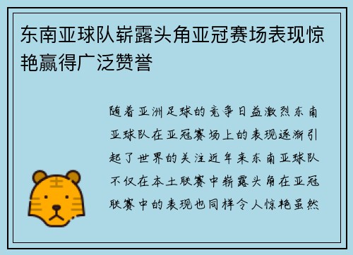 东南亚球队崭露头角亚冠赛场表现惊艳赢得广泛赞誉